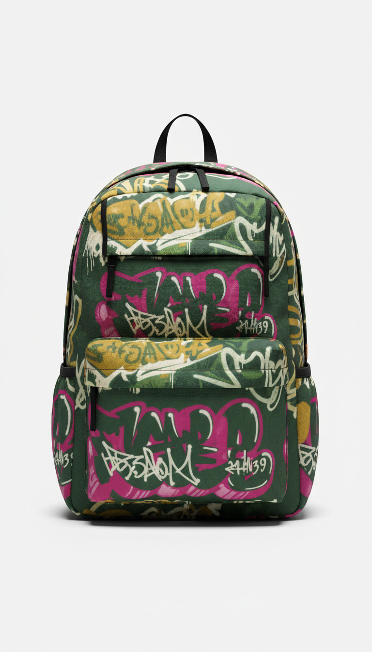 Graffiti-marked backpack in grip tape green